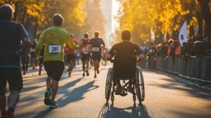 A Wheelchair Racer in a Marathon with Other Runners
